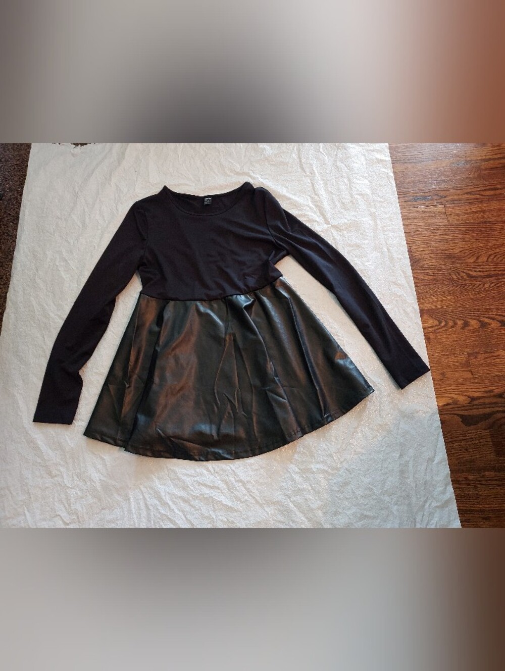 SHEIN Black Long Sleeve Faux Leather Skater Mini Dress